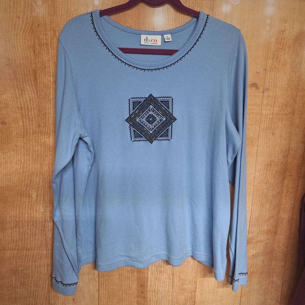 Denim&Co Blue Graphic Long Sleeve Tee